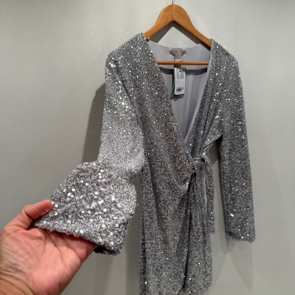 H&M silver sequins wrap dress, size M - Picture 5 of 16